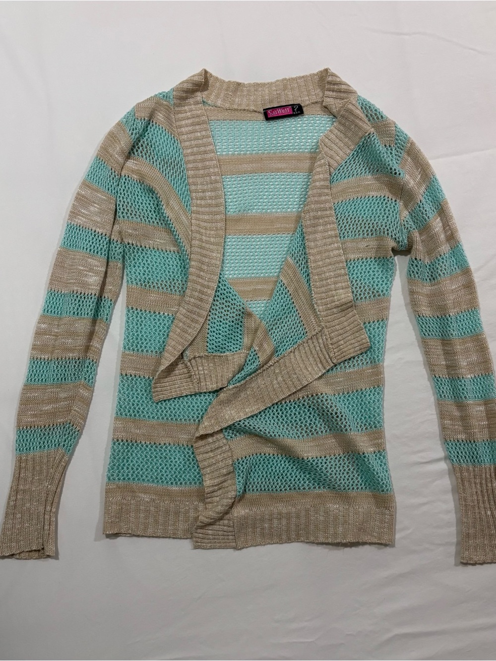Say What? Open-Front Striped Knit Cardigan - Aqua and Beige